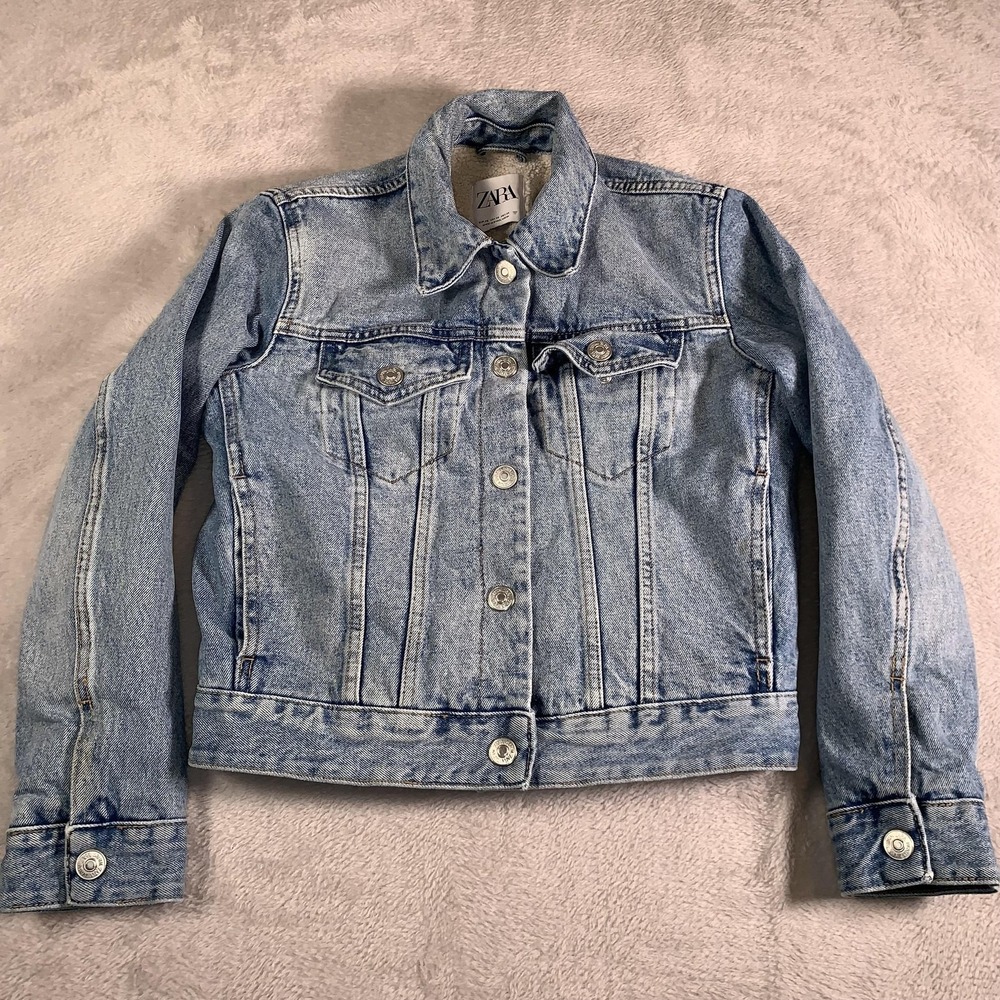 Zara Denim Jacket Womens XS‎ Blue Sherpa Lined Trucker Jean Coat Casual Denim